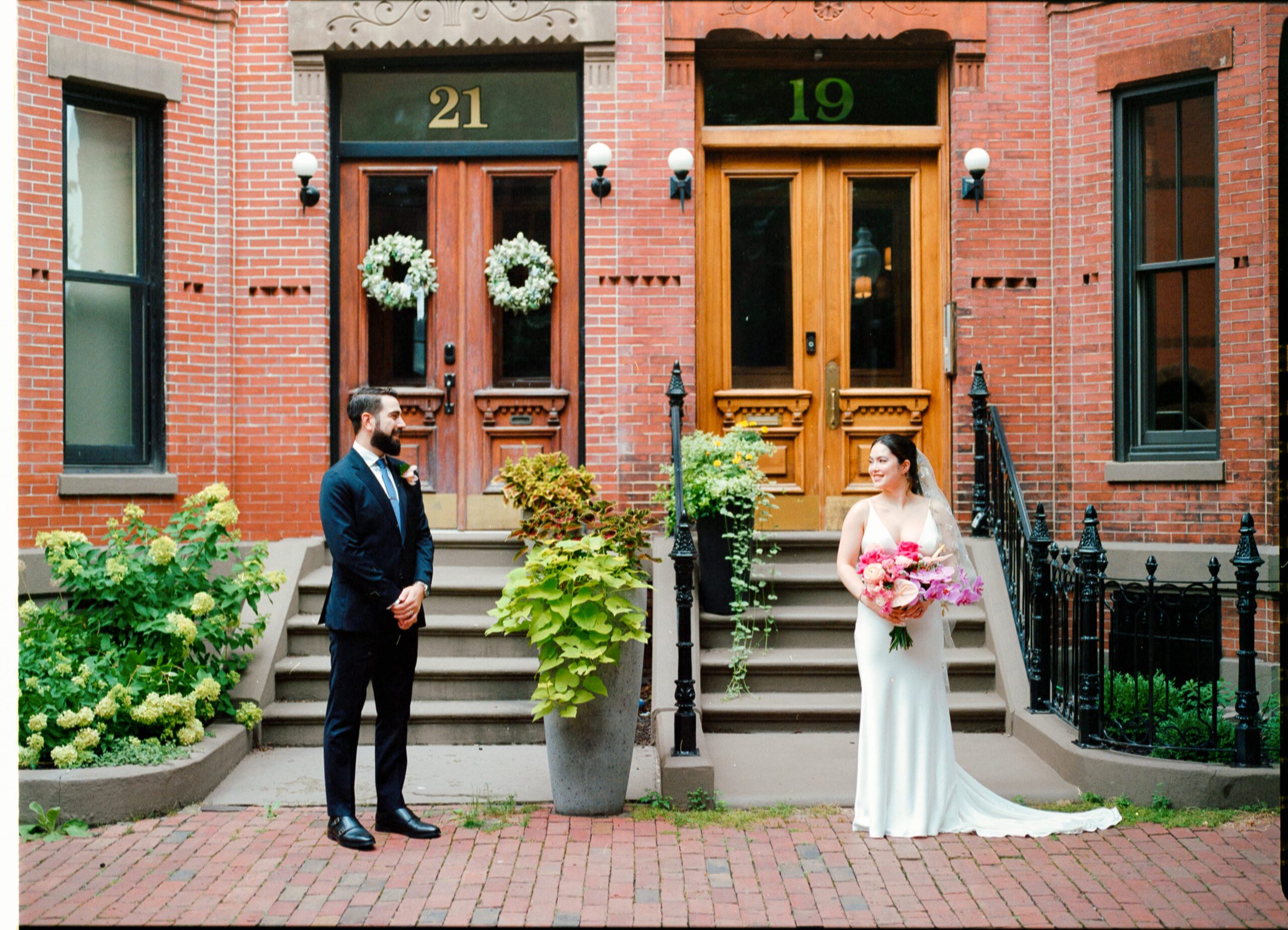 Wedding portraits in Boston at the restaurant SRV on film photography